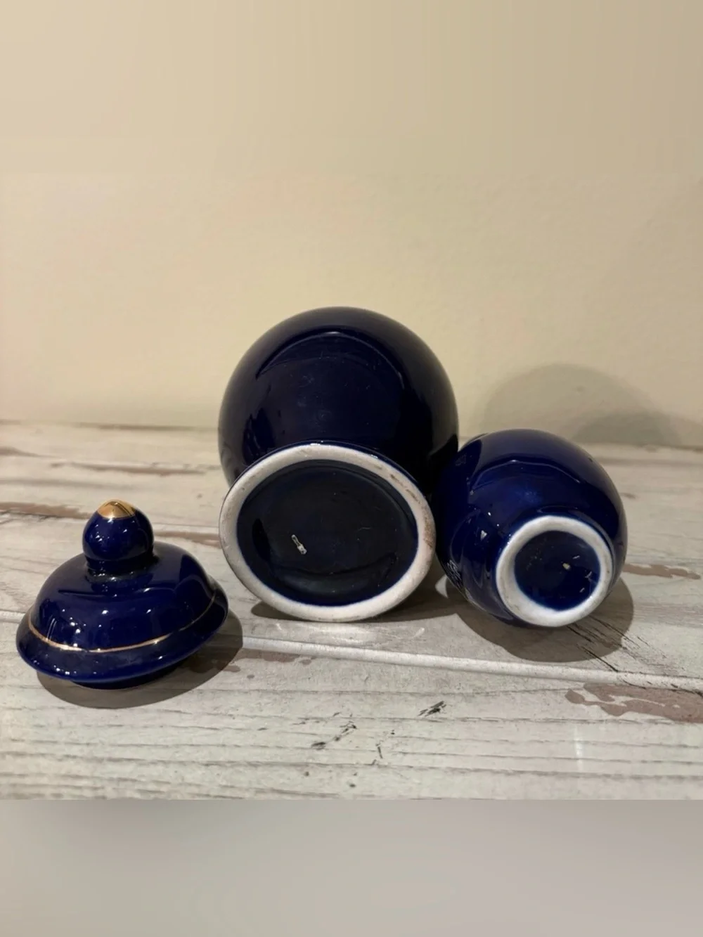 Vintage Cobalt Blue Ginger Jar & Bud Vase Set Gold Peacock Chinoiserie D